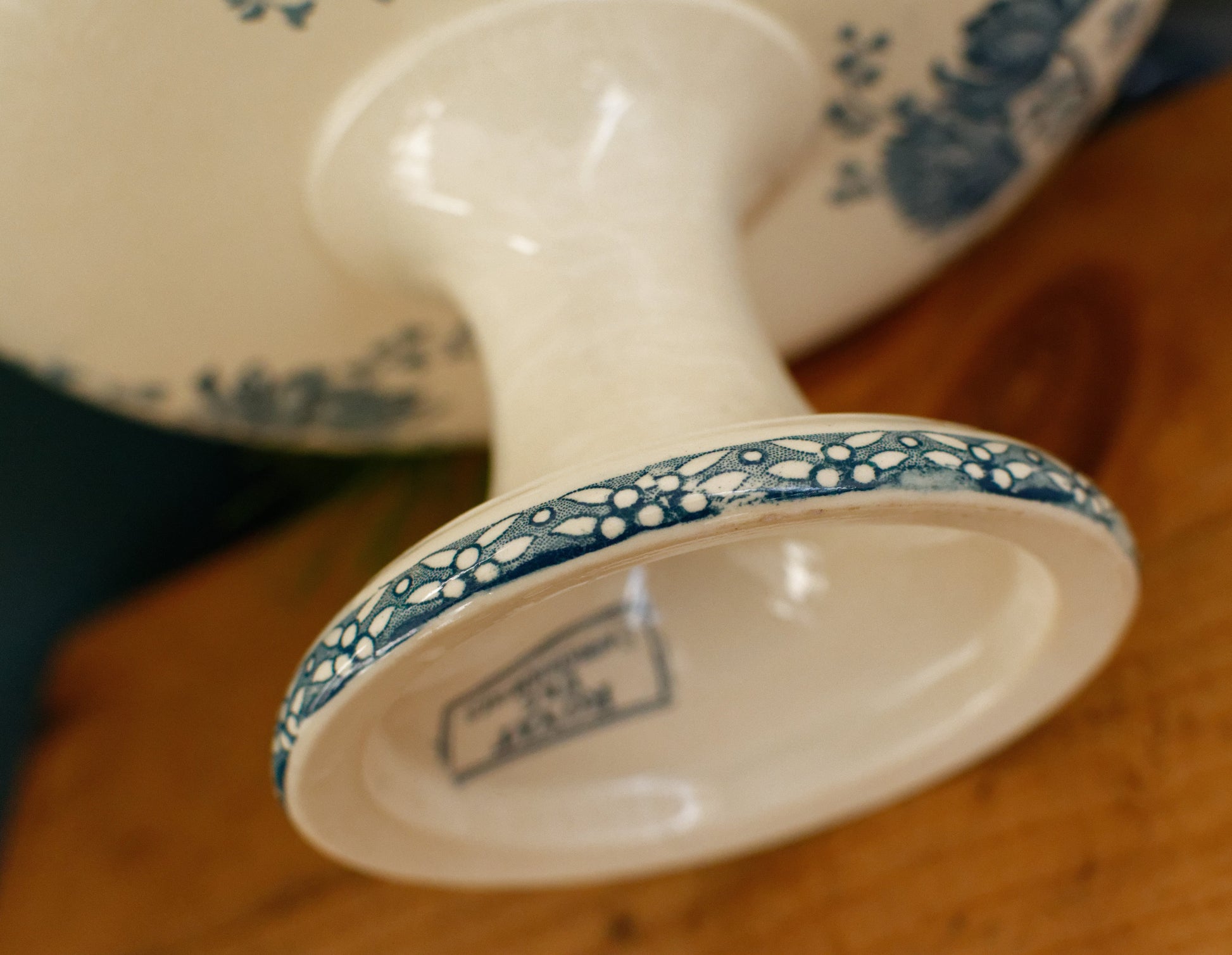 ROYAT Sarreguemines U&C French Antique Ironstone Blue Transferware Footed Fruit Bowl COMPOTIER Terre de Fer en Faience