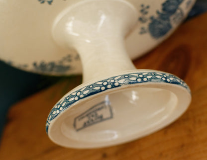 ROYAT Sarreguemines U&C French Antique Ironstone Blue Transferware Footed Fruit Bowl COMPOTIER Terre de Fer en Faience
