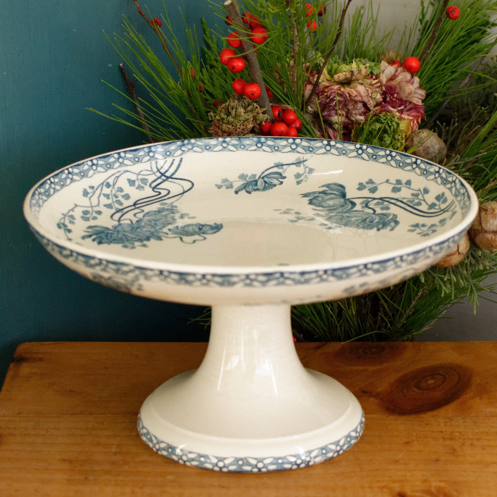 ROYAT Sarreguemines U&C French Antique Ironstone Blue Transferware Footed Fruit Bowl COMPOTIER Terre de Fer en Faience