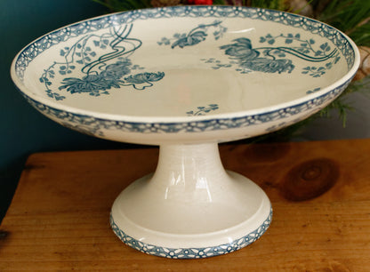 ROYAT Sarreguemines U&C French Antique Ironstone Blue Transferware Footed Fruit Bowl COMPOTIER Terre de Fer en Faience