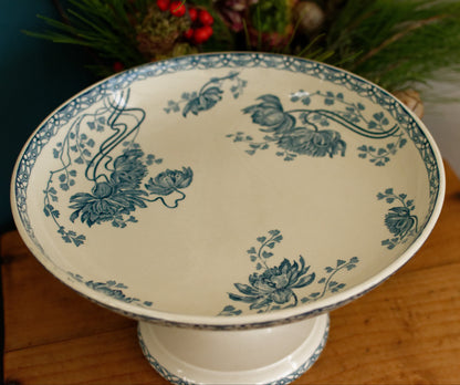 ROYAT Sarreguemines U&C French Antique Ironstone Blue Transferware Footed Fruit Bowl COMPOTIER Terre de Fer en Faience