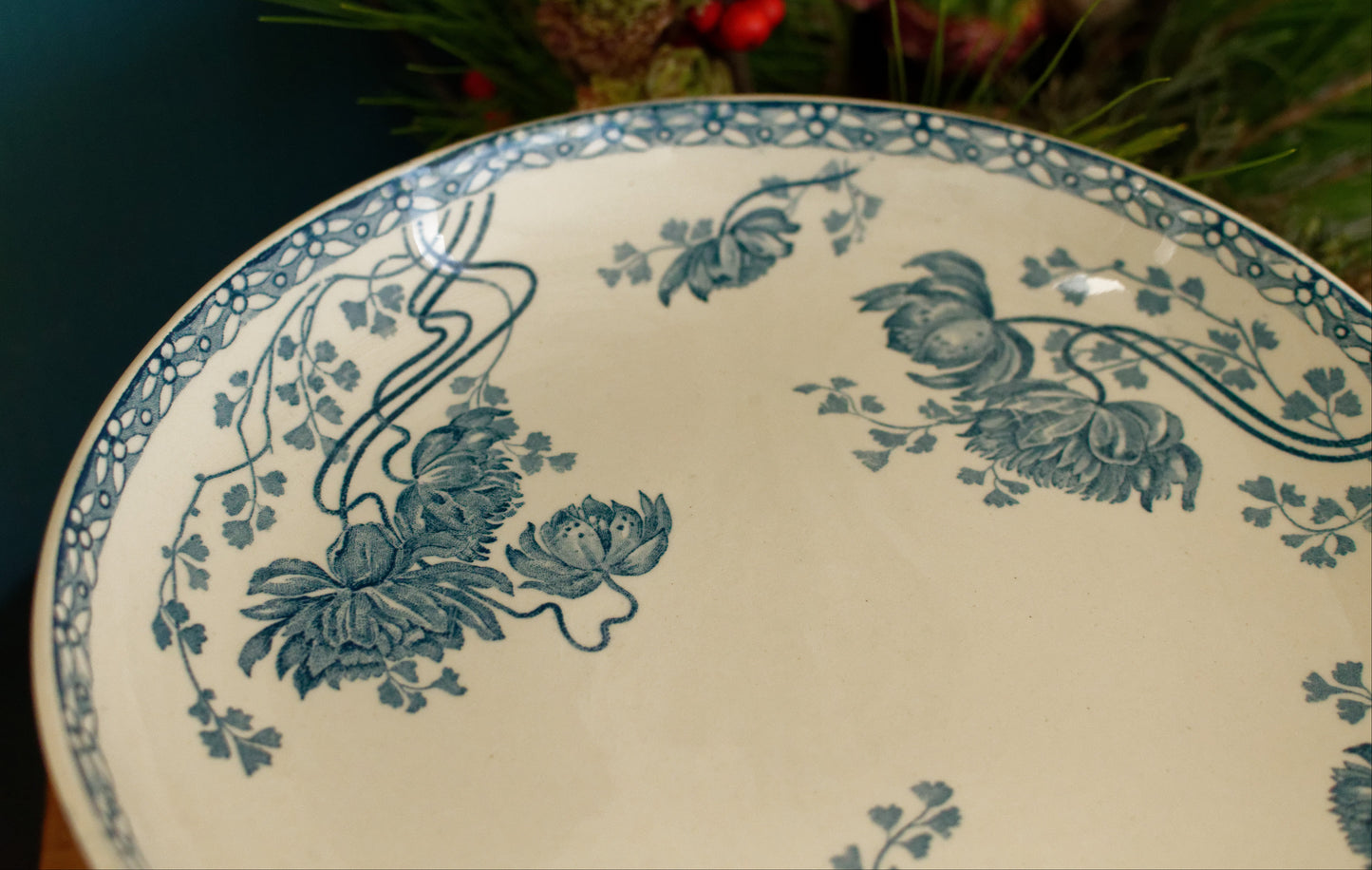 ROYAT Sarreguemines U&C French Antique Ironstone Blue Transferware Footed Fruit Bowl COMPOTIER Terre de Fer en Faience