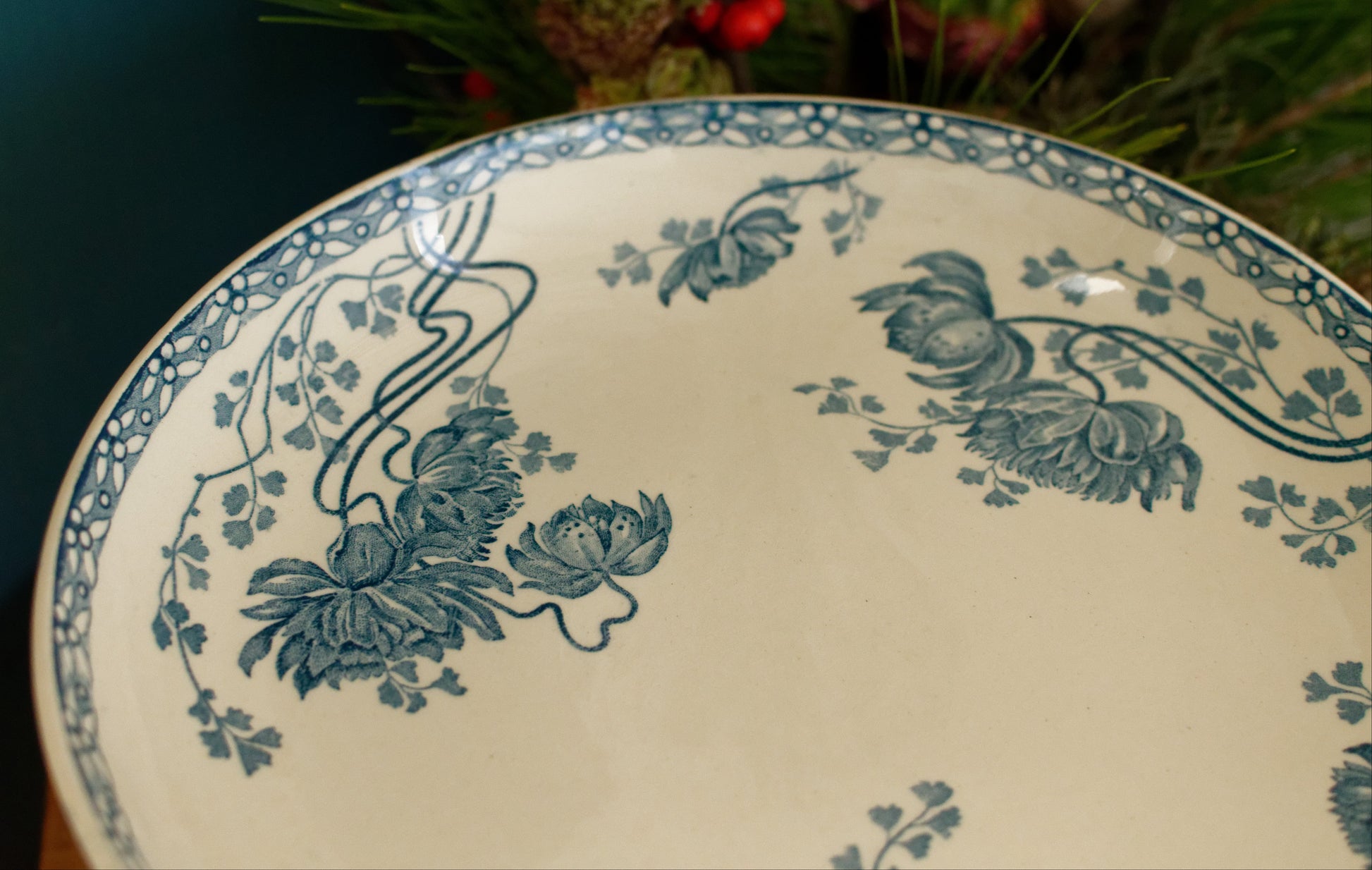ROYAT Sarreguemines U&C French Antique Ironstone Blue Transferware Footed Fruit Bowl COMPOTIER Terre de Fer en Faience