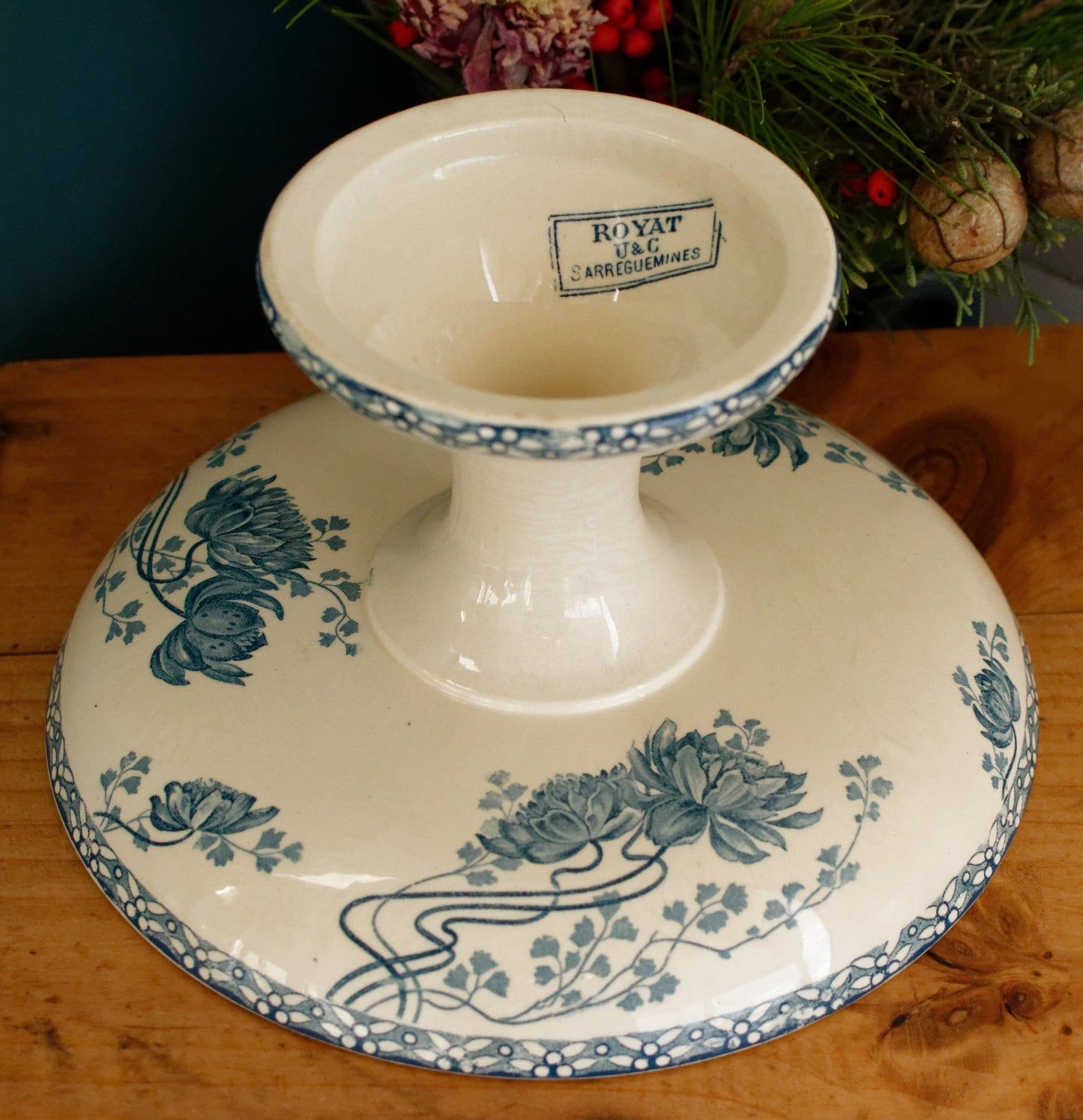 ROYAT Sarreguemines U&C French Antique Ironstone Blue Transferware Footed Fruit Bowl COMPOTIER Terre de Fer en Faience