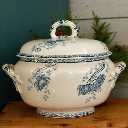 ROYAT Motif Sarreguemines U&C French Antique Ironstone Blue Transferware Soup Tureen Soupiere Terre de Fer en faience