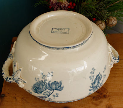 ROYAT Motif Sarreguemines U&C French Antique Ironstone Blue Transferware Soup Tureen Soupiere Terre de Fer en faience