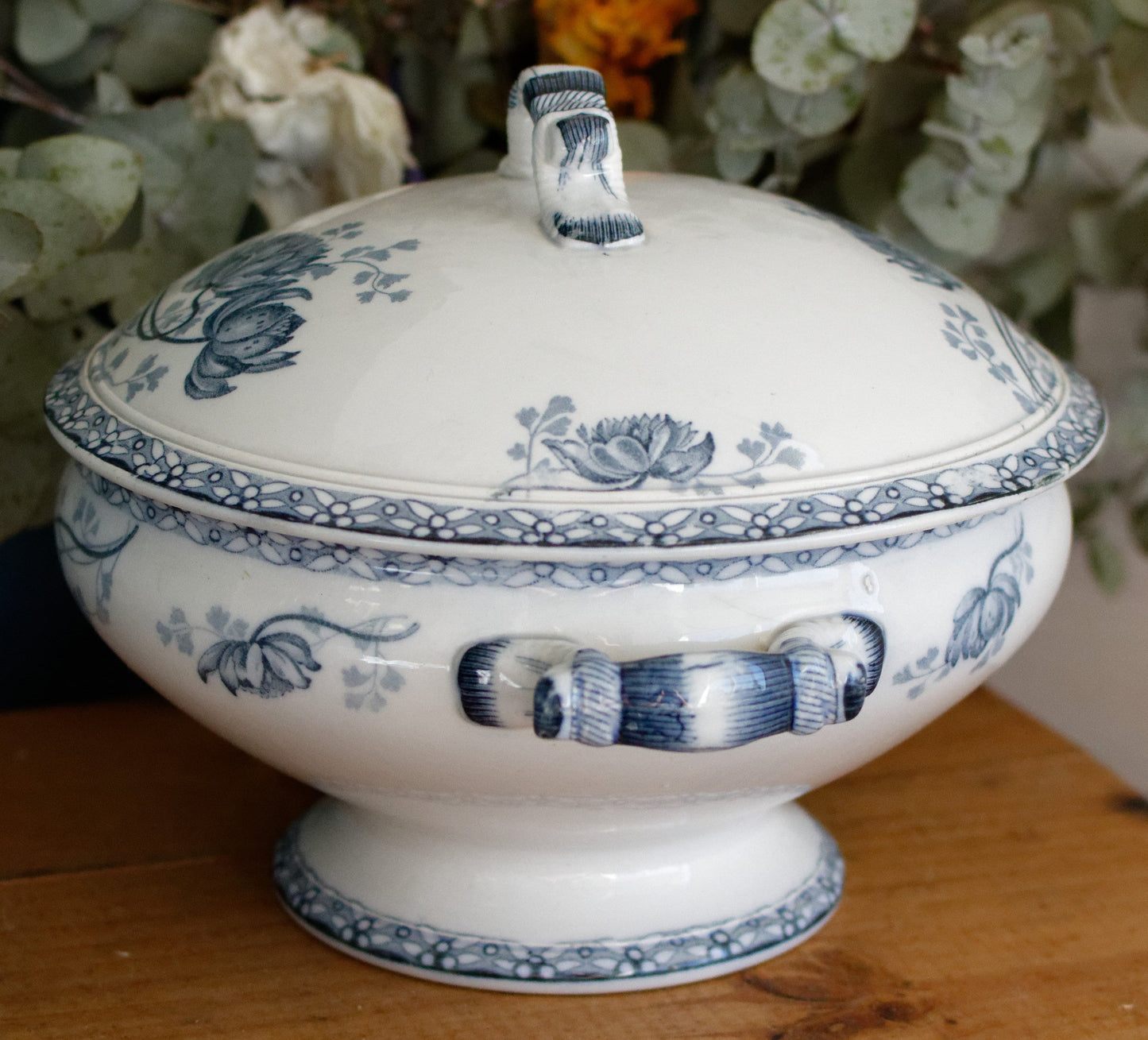 ROYAT Motif Sarreguemines U&C French Antique Ironstone Blue Transferware Small Soup Tureen "Soupiere" Terre de Fer en faince