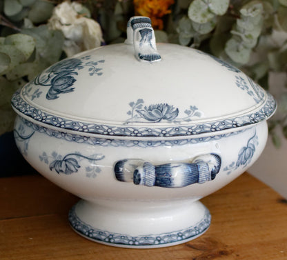 ROYAT Motif Sarreguemines U&C French Antique Ironstone Blue Transferware Small Soup Tureen "Soupiere" Terre de Fer en faince