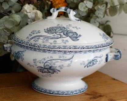 ROYAT Motif Sarreguemines U&C French Antique Ironstone Blue Transferware Small Soup Tureen "Soupiere" Terre de Fer en faince