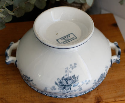 ROYAT Motif Sarreguemines U&C French Antique Ironstone Blue Transferware Small Soup Tureen "Soupiere" Terre de Fer en faince