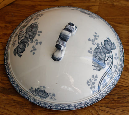 ROYAT Motif Sarreguemines U&C French Antique Ironstone Blue Transferware Small Soup Tureen "Soupiere" Terre de Fer en faince