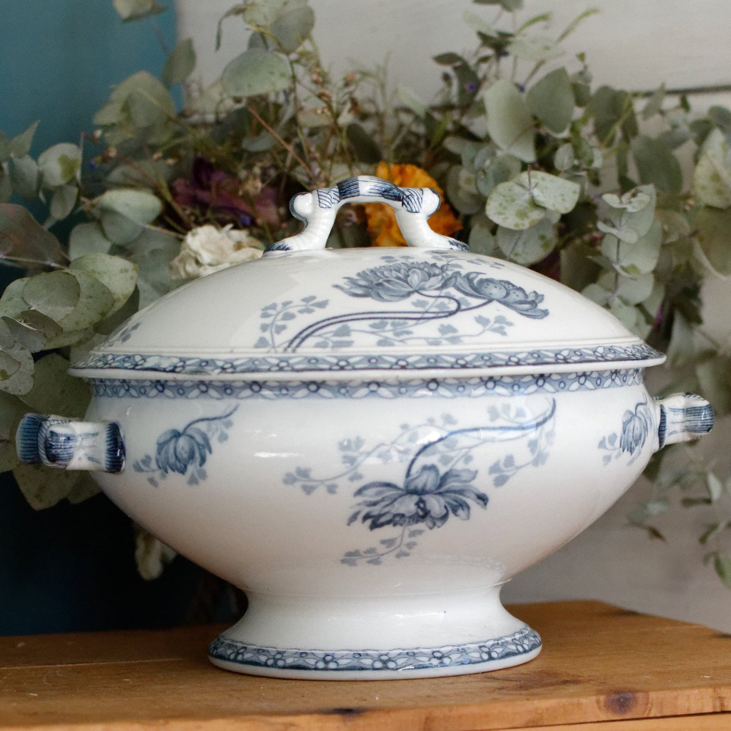 ROYAT Motif Sarreguemines U&C French Antique Ironstone Blue Transferware Small Soup Tureen "Soupiere" Terre de Fer en faince