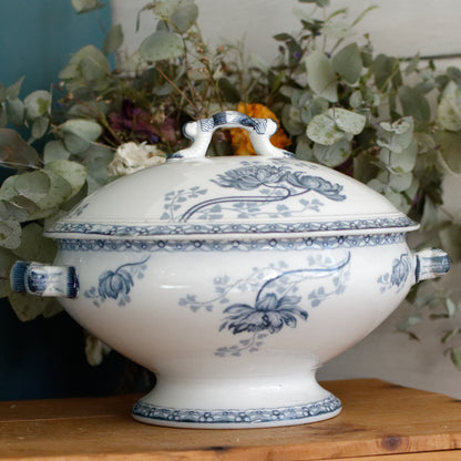 ROYAT Motif Sarreguemines U&C French Antique Ironstone Blue Transferware Small Soup Tureen "Soupiere" Terre de Fer en faince
