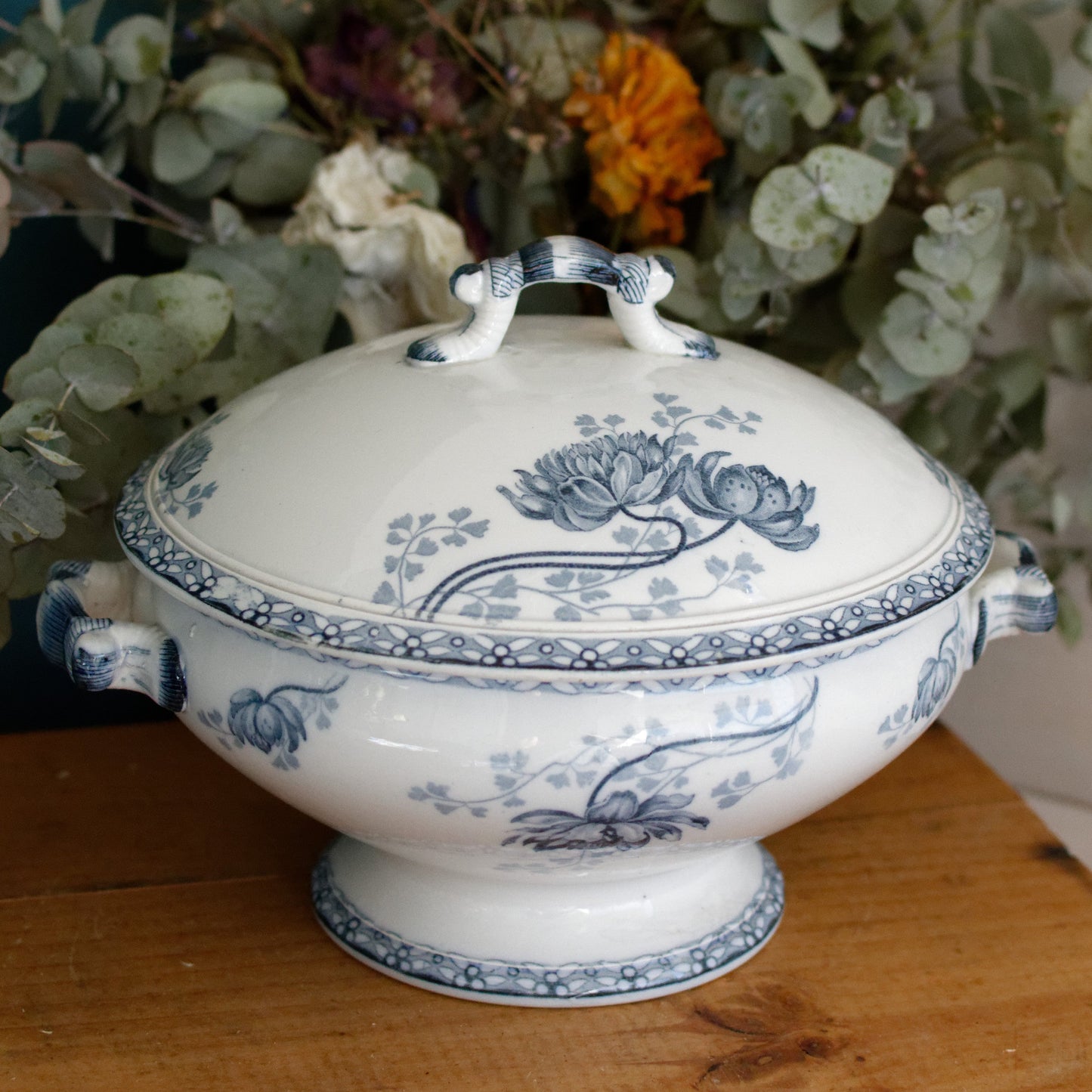 ROYAT Motif Sarreguemines U&C French Antique Ironstone Blue Transferware Small Soup Tureen "Soupiere" Terre de Fer en faince