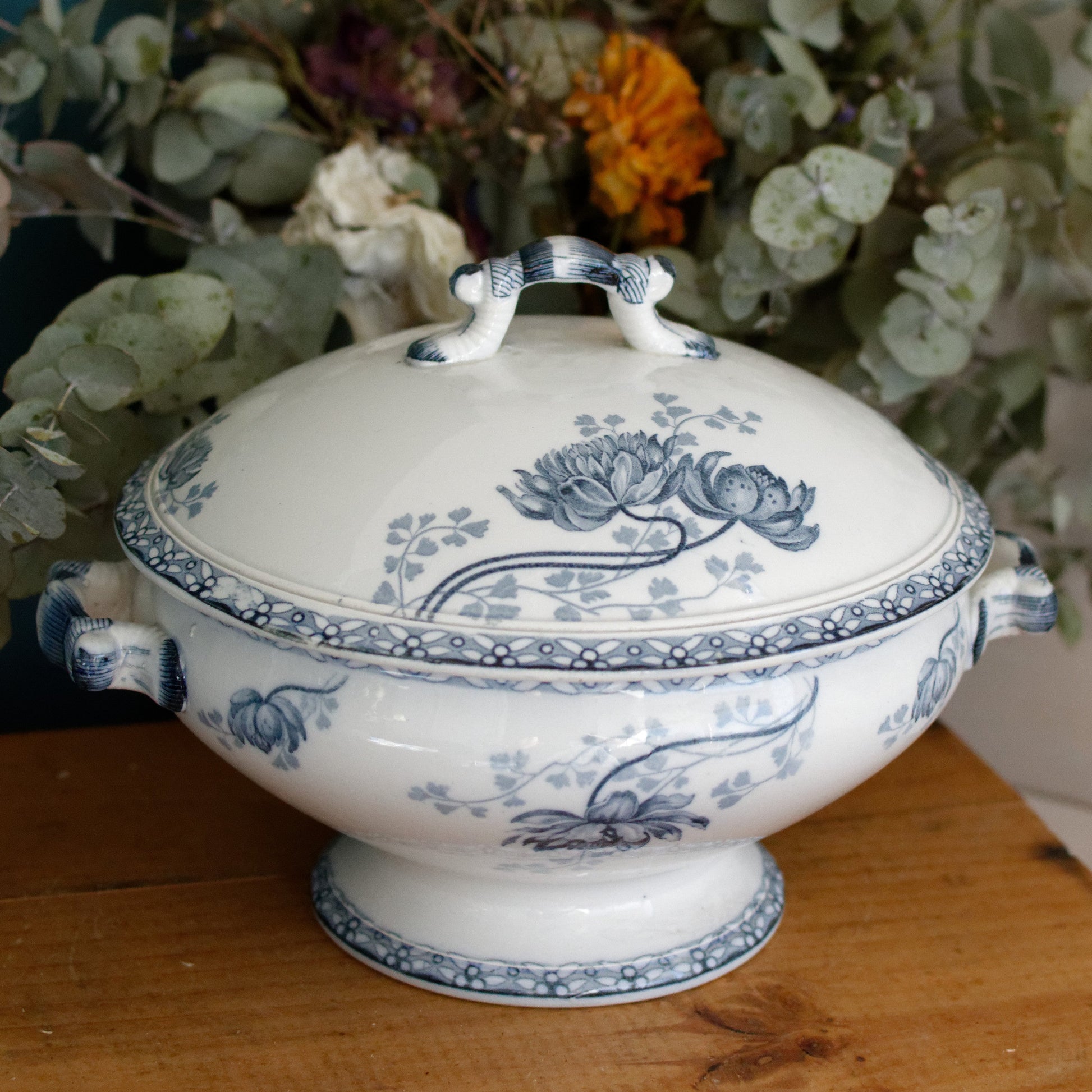 ROYAT Motif Sarreguemines U&C French Antique Ironstone Blue Transferware Small Soup Tureen "Soupiere" Terre de Fer en faince
