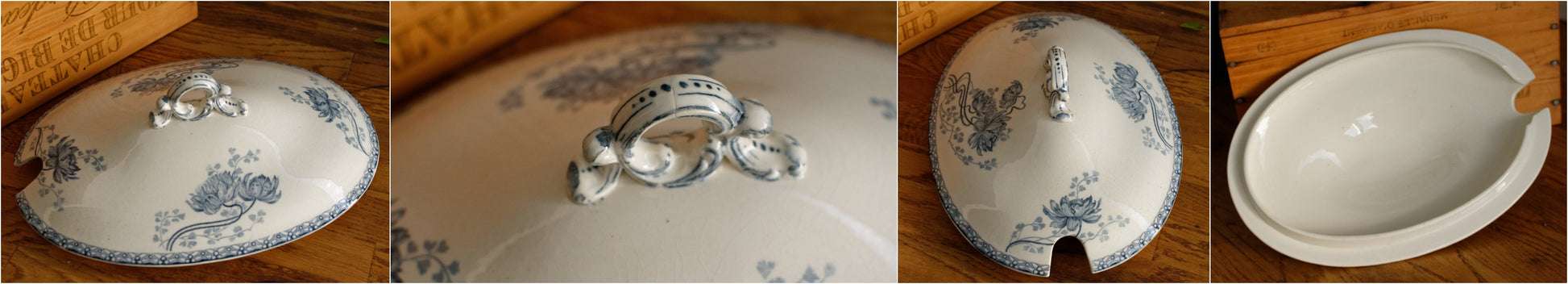 ROYAT Motif Sarreguemines U&C Blue Transferware French Ironstone Oval Soup Tureen Soupiere Faience Terre de fer