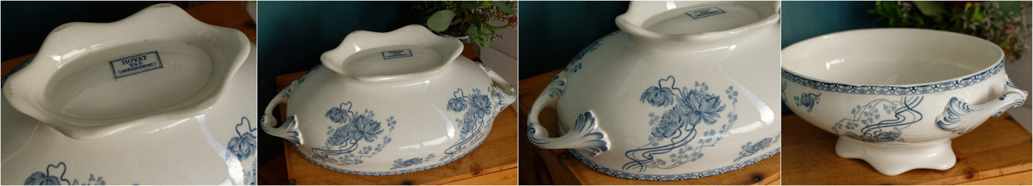 ROYAT Motif Sarreguemines U&C Blue Transferware French Ironstone Oval Soup Tureen Soupiere Faience Terre de fer