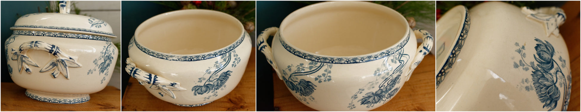 ROYAT Motif Sarreguemines U&C French Antique Ironstone Blue Transferware Soup Tureen Soupiere Terre de Fer en faience