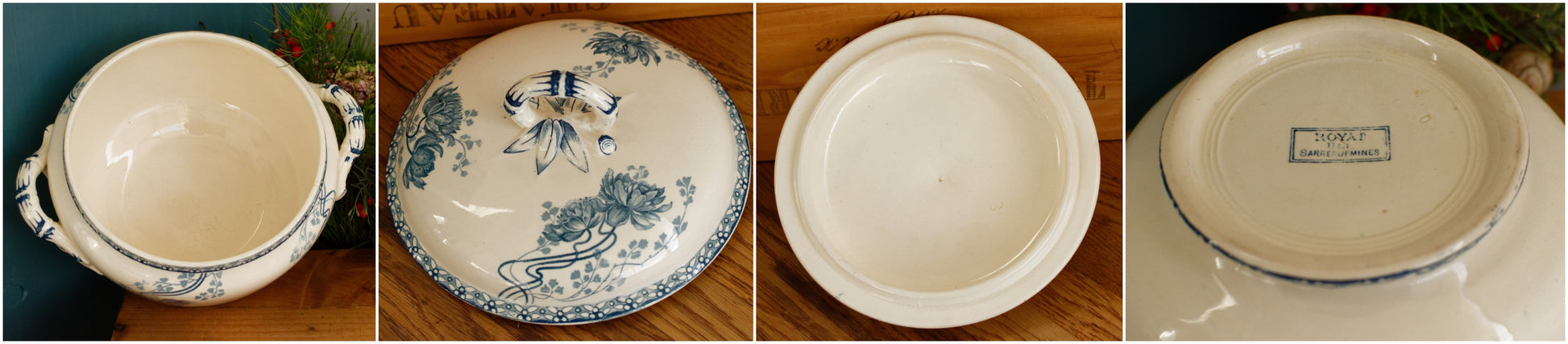 ROYAT Motif Sarreguemines U&C French Antique Ironstone Blue Transferware Soup Tureen Soupiere Terre de Fer en faience
