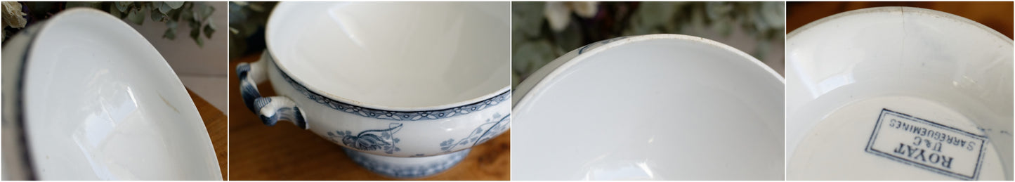 1920s ~ "ROYAT" Sarreguemines U&C ~ French Antique Ironstone Blue Transferware Small Soup Tureen "Soupiere" ~ Terre de Fer en faince