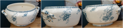 1920s ROYAT Sarreguemines U&C French Antique Ironstone Blue Transferware Soup Tureen Soupiere Terre de Fer