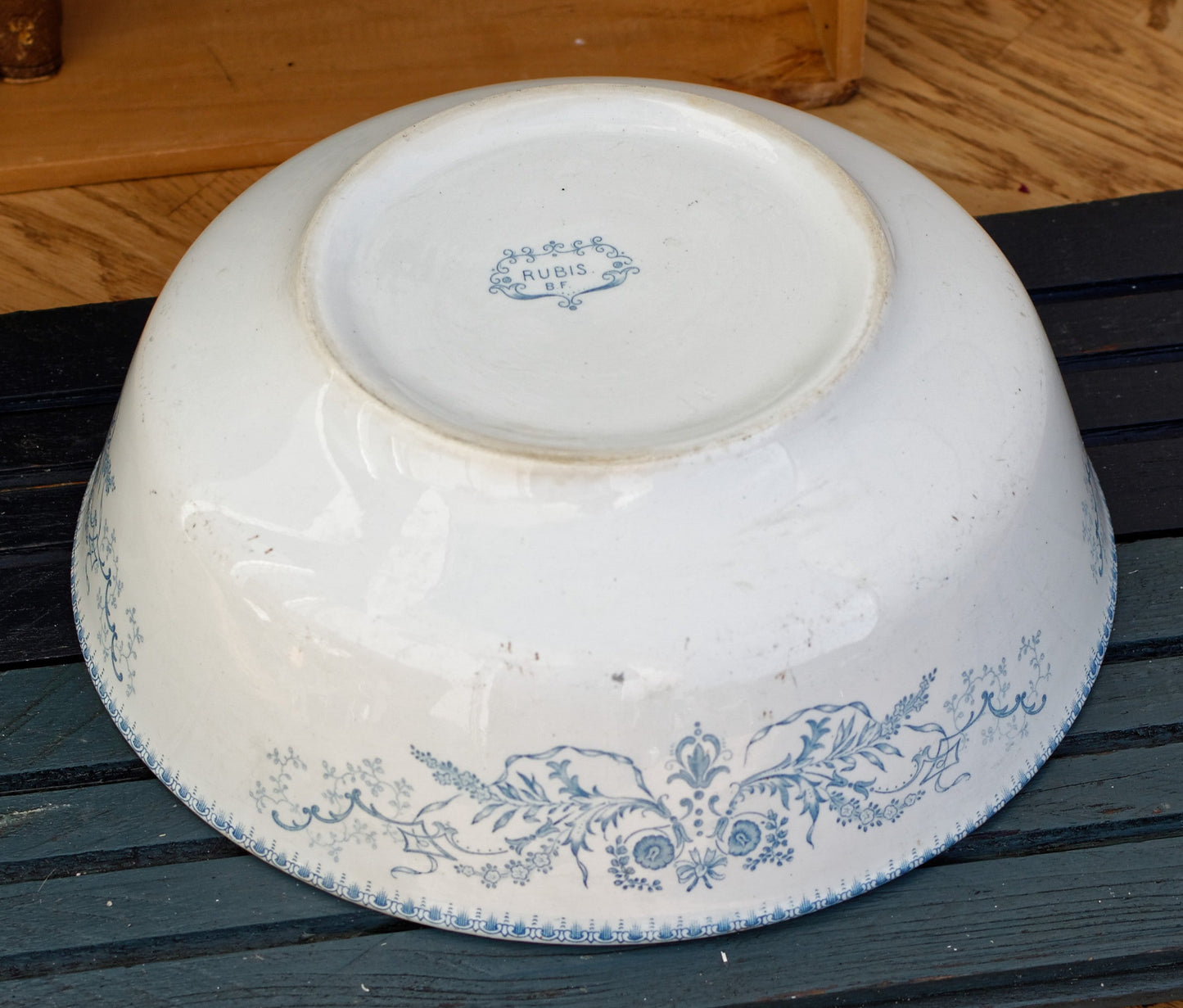 RUBIS BF (Boch Freres) Belgian Antique Ironstone Blue Transferware Round Serving Bowl Creux Terre de Fer