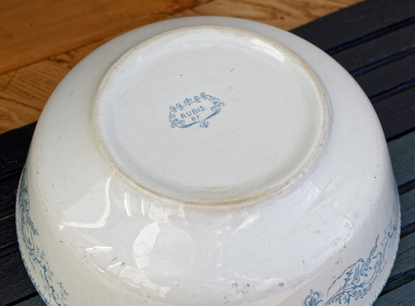 RUBIS BF (Boch Freres) Belgian Antique Ironstone Blue Transferware Round Serving Bowl Creux Terre de Fer