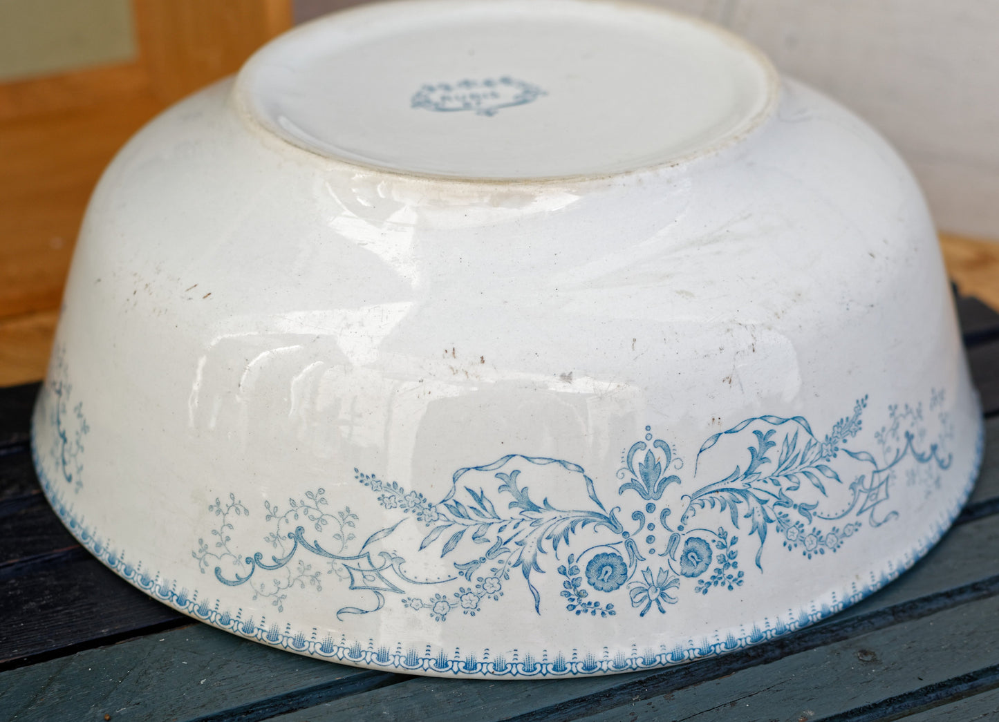 RUBIS BF (Boch Freres) Belgian Antique Ironstone Blue Transferware Round Serving Bowl Creux Terre de Fer