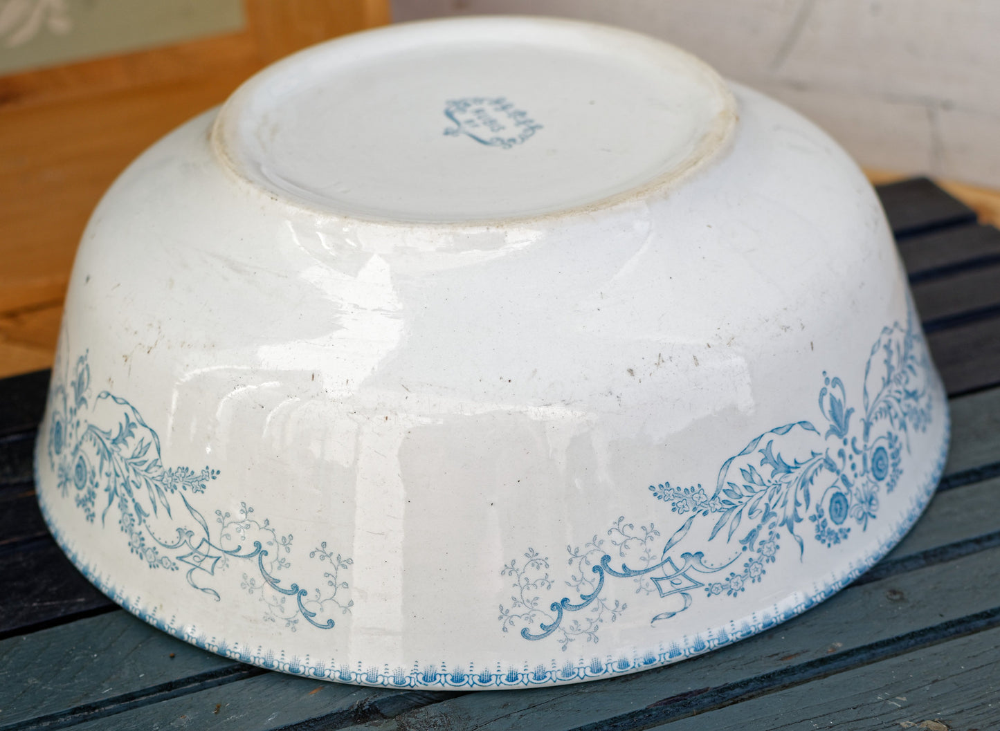 RUBIS BF (Boch Freres) Belgian Antique Ironstone Blue Transferware Round Serving Bowl Creux Terre de Fer