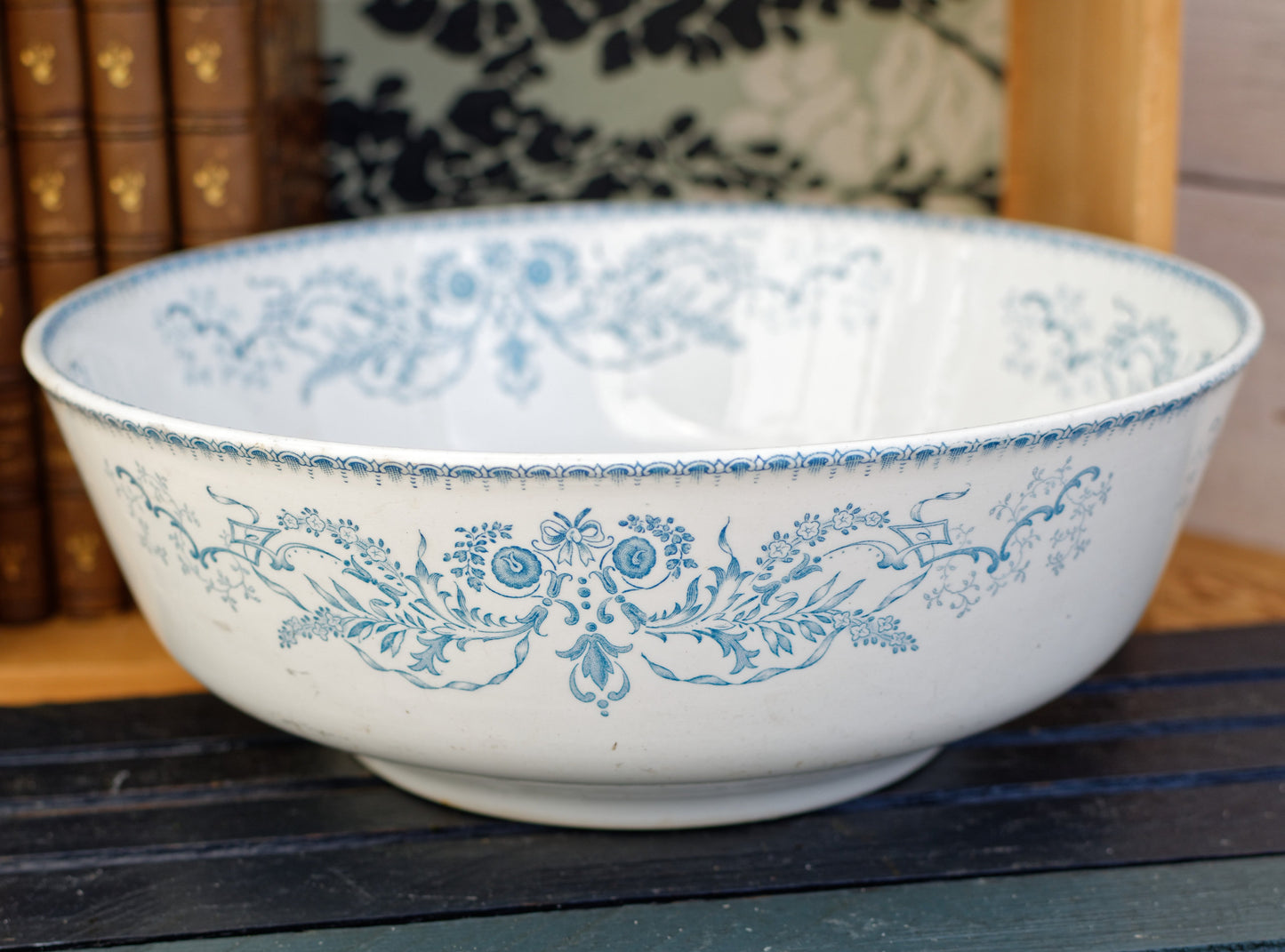 RUBIS BF (Boch Freres) Belgian Antique Ironstone Blue Transferware Round Serving Bowl Creux Terre de Fer