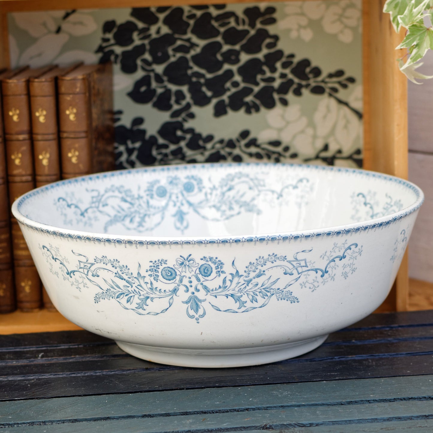 RUBIS BF (Boch Freres) Belgian Antique Ironstone Blue Transferware Round Serving Bowl Creux Terre de Fer