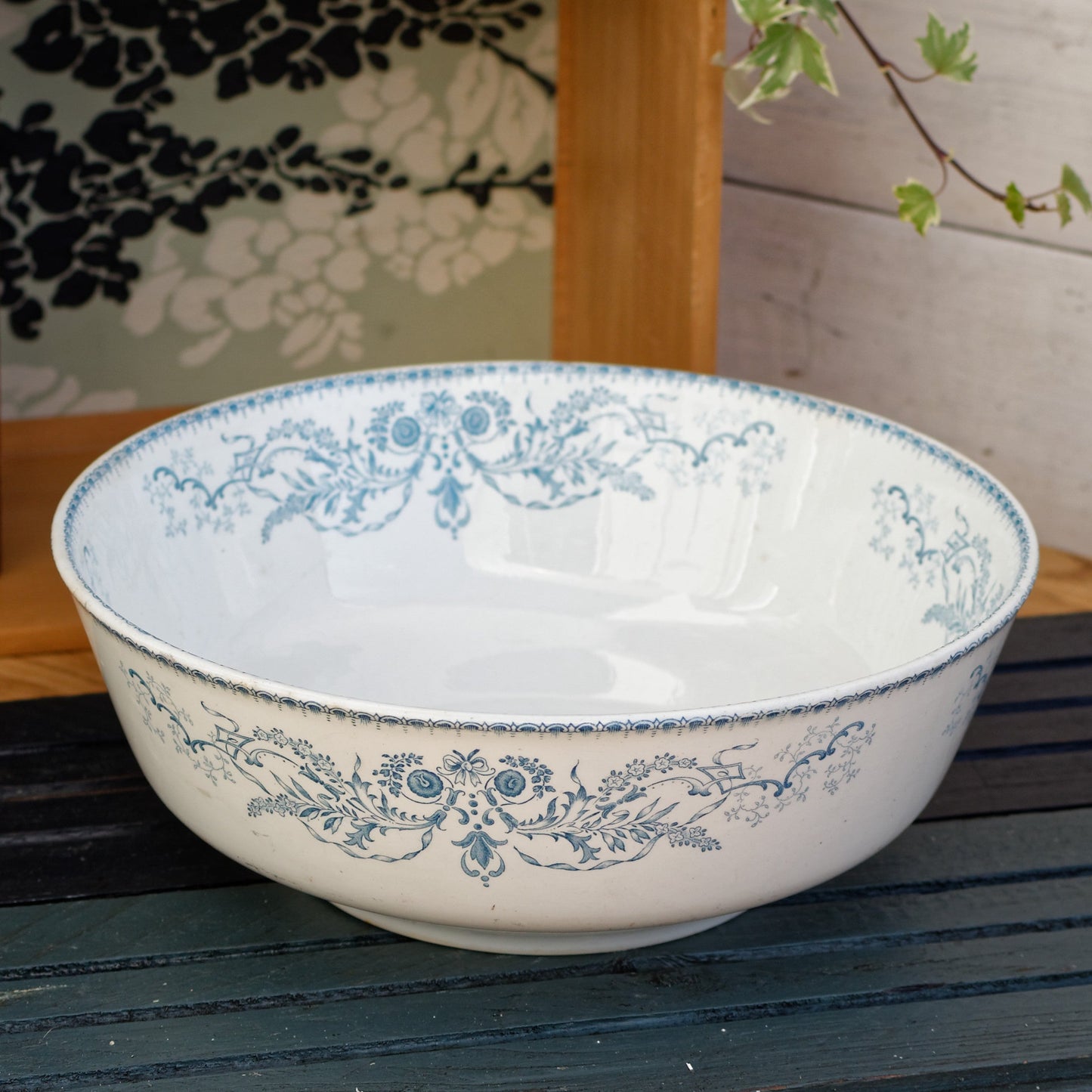 RUBIS BF (Boch Freres) Belgian Antique Ironstone Blue Transferware Round Serving Bowl Creux Terre de Fer