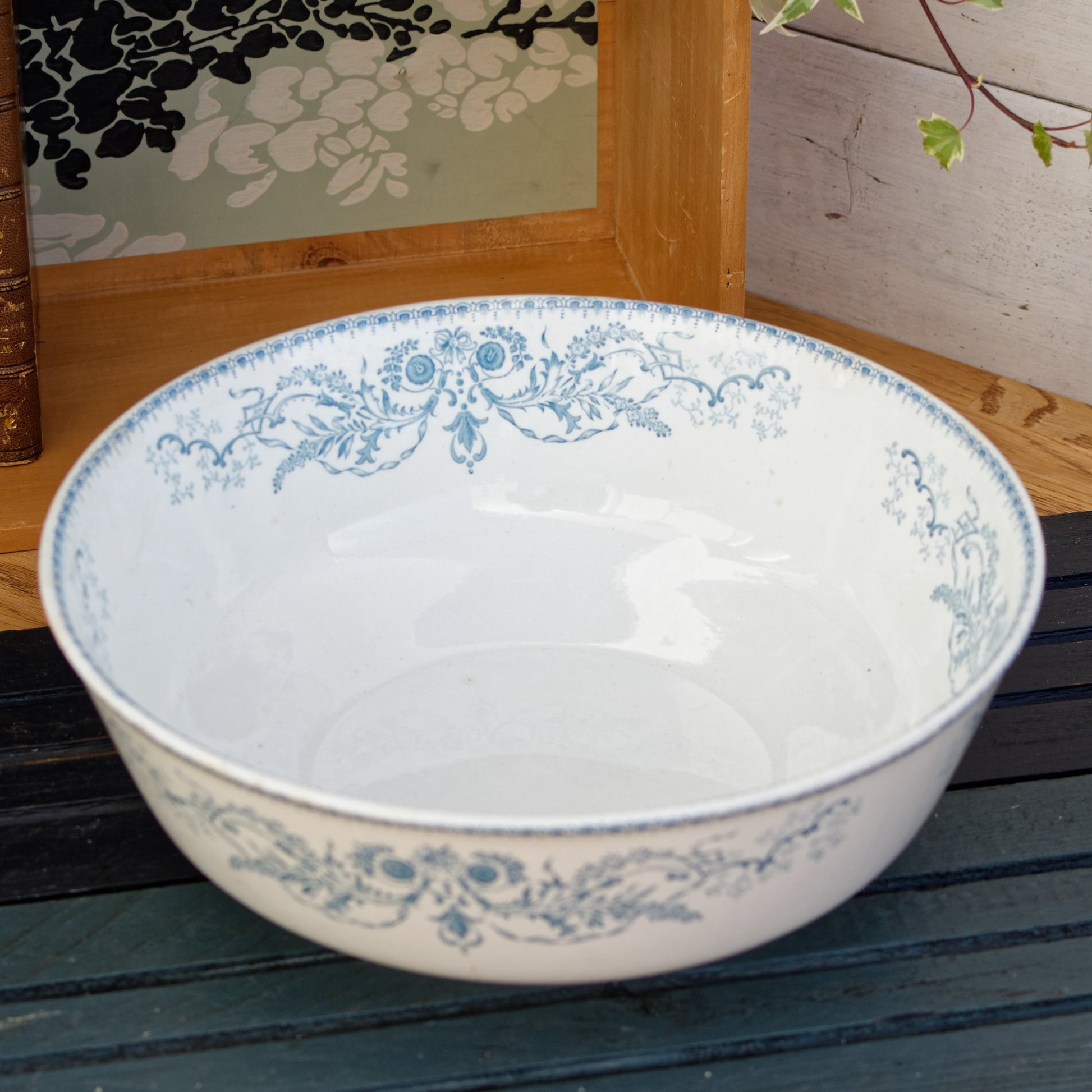 RUBIS BF (Boch Freres) Belgian Antique Ironstone Blue Transferware Round Serving Bowl Creux Terre de Fer