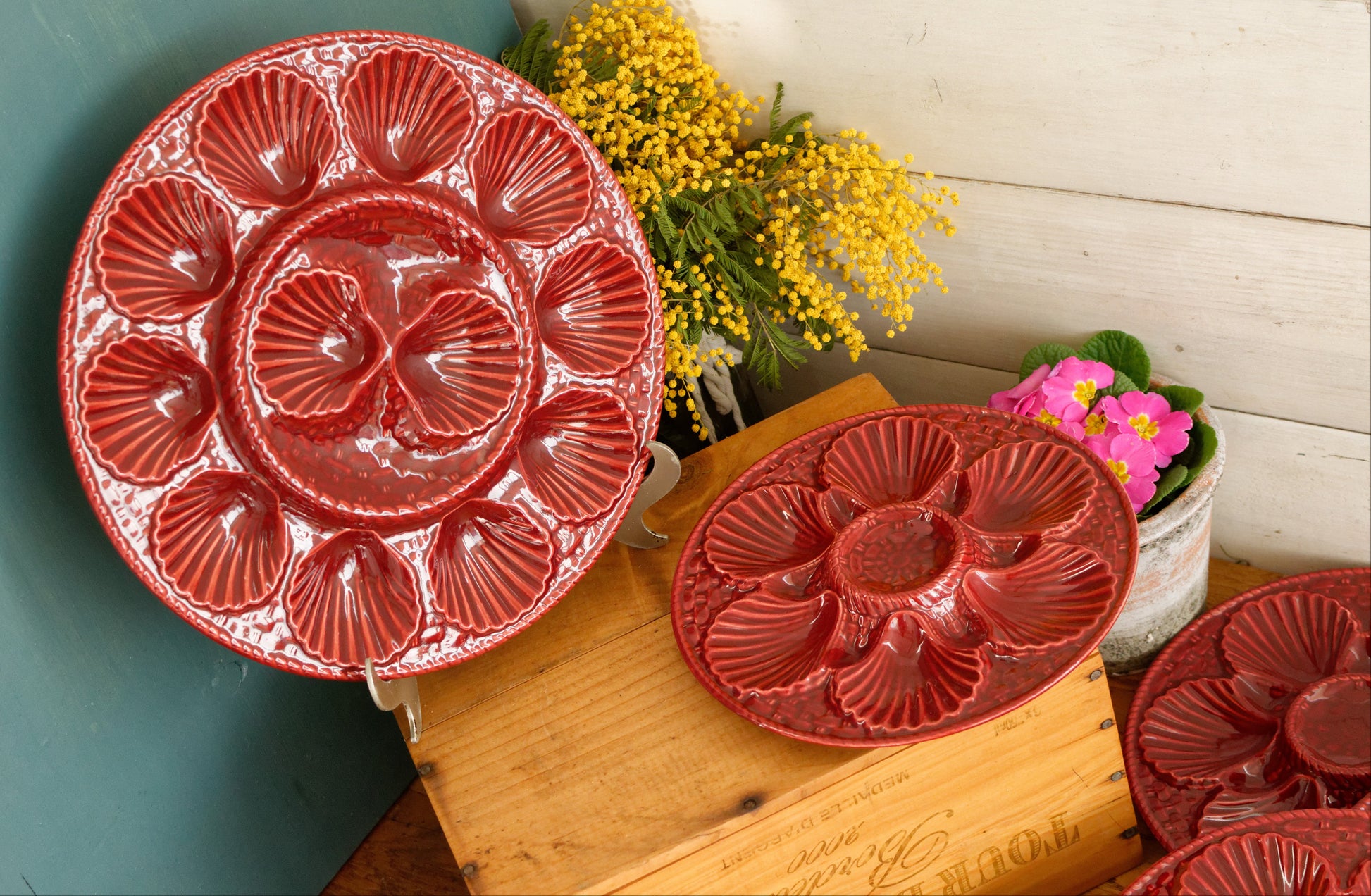 French Vintage BARBOTINE Majolica Red Oyster Shellfish Huître Platter Plate with 6 & 12 Wells Basket Weave Pattern