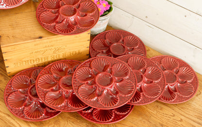 French Vintage BARBOTINE Majolica Red Oyster Shellfish Huître Platter Plate with 6 & 12 Wells Basket Weave Pattern