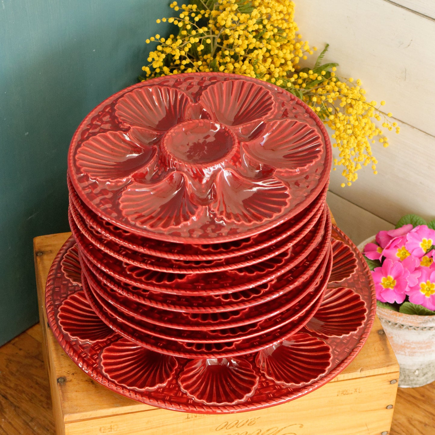 French Vintage BARBOTINE Majolica Red Oyster Shellfish Huître Platter Plate with 6 & 12 Wells Basket Weave Pattern
