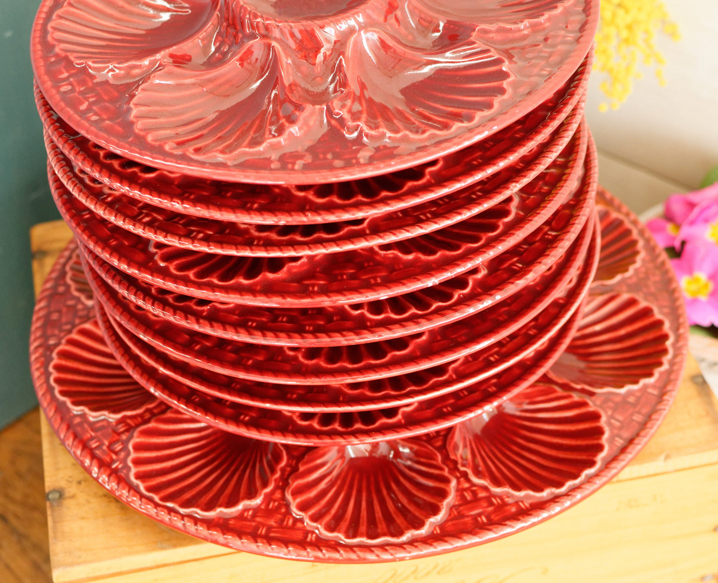 French Vintage BARBOTINE Majolica Red Oyster Shellfish Huître Platter Plate with 6 & 12 Wells Basket Weave Pattern