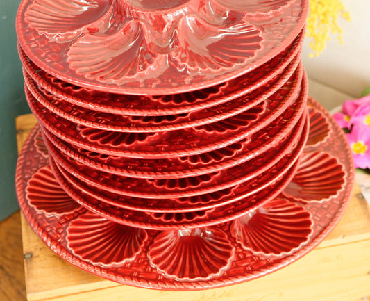 French Vintage BARBOTINE Majolica Red Oyster Shellfish Huître Platter Plate with 6 & 12 Wells Basket Weave Pattern