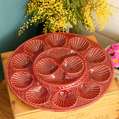 French Vintage BARBOTINE Majolica Red Oyster Shellfish Huître Platter Plate with 6 & 12 Wells Basket Weave Pattern