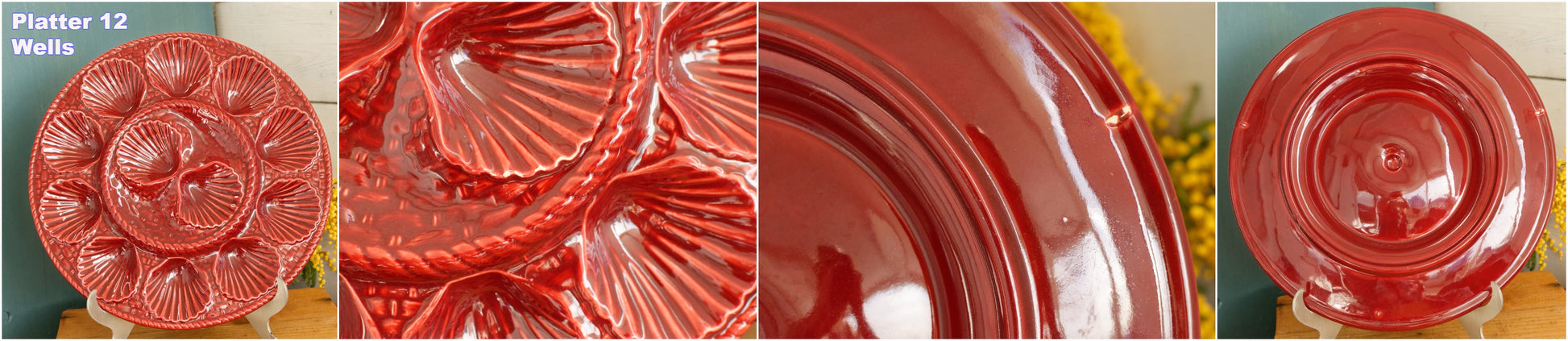 French Vintage BARBOTINE Majolica Red Oyster Shellfish Huître Platter Plate with 6 & 12 Wells Basket Weave Pattern