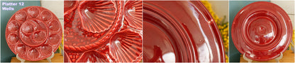 French Vintage BARBOTINE Majolica Red Oyster Shellfish Huître Platter Plate with 6 & 12 Wells Basket Weave Pattern