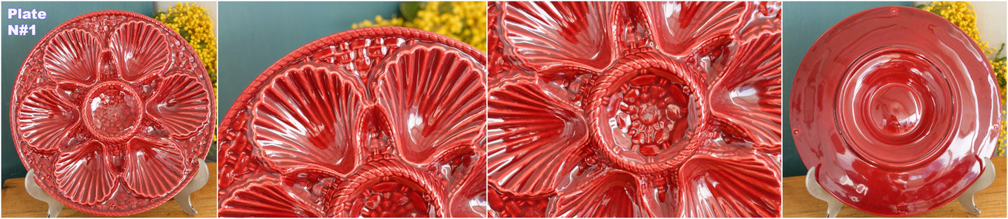 French Vintage BARBOTINE Majolica Red Oyster Shellfish Huître Platter Plate with 6 & 12 Wells Basket Weave Pattern