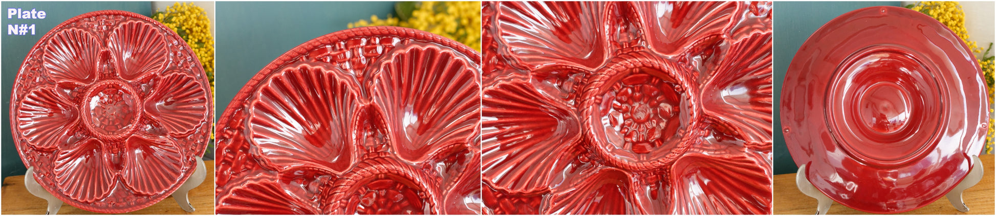 French Vintage BARBOTINE Majolica Red Oyster Shellfish Huître Platter Plate with 6 & 12 Wells Basket Weave Pattern