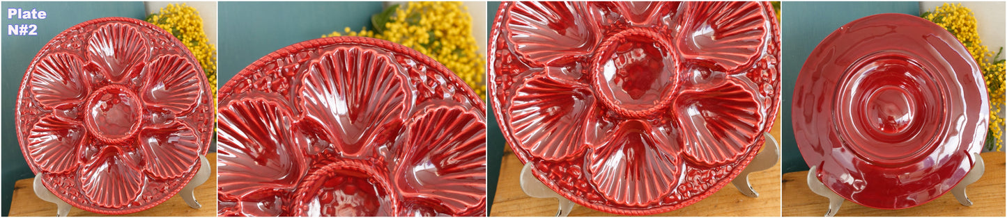 1960s ~ French Vintage BARBOTINE Majolica Red Oyster Shellfish "Huître" Platter Plate with 6 & 12 Wells ~ Basket Weave Pattern