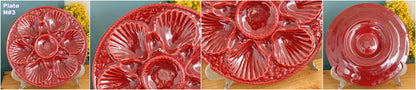 1960s ~ French Vintage BARBOTINE Majolica Red Oyster Shellfish "Huître" Platter Plate with 6 & 12 Wells ~ Basket Weave Pattern