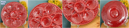 1960s ~ French Vintage BARBOTINE Majolica Red Oyster Shellfish "Huître" Platter Plate with 6 & 12 Wells ~ Basket Weave Pattern