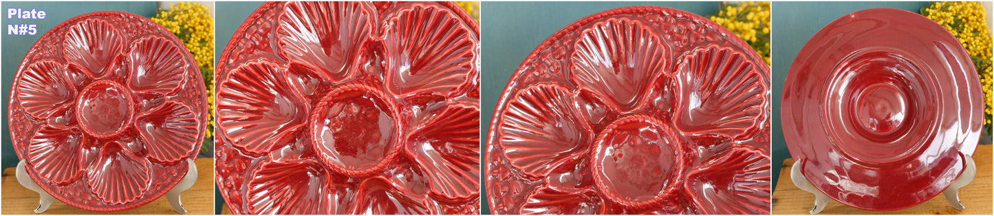 1960s ~ French Vintage BARBOTINE Majolica Red Oyster Shellfish "Huître" Platter Plate with 6 & 12 Wells ~ Basket Weave Pattern