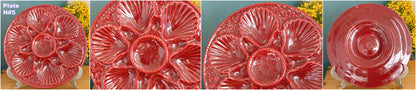 1960s ~ French Vintage BARBOTINE Majolica Red Oyster Shellfish "Huître" Platter Plate with 6 & 12 Wells ~ Basket Weave Pattern