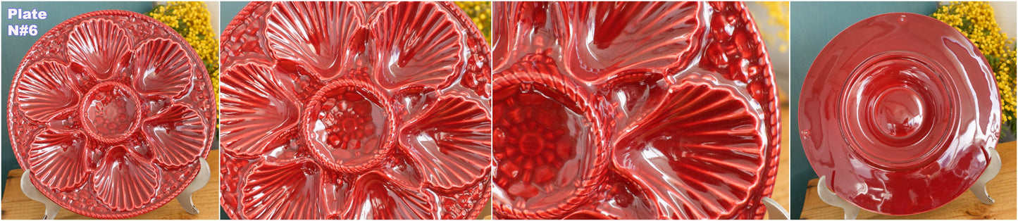 1960s ~ French Vintage BARBOTINE Majolica Red Oyster Shellfish "Huître" Platter Plate with 6 & 12 Wells ~ Basket Weave Pattern