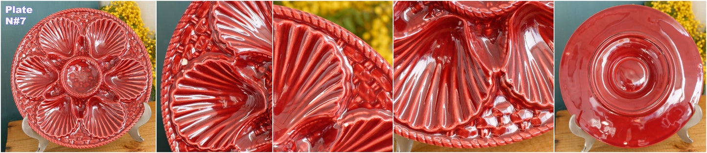 1960s ~ French Vintage BARBOTINE Majolica Red Oyster Shellfish "Huître" Platter Plate with 6 & 12 Wells ~ Basket Weave Pattern